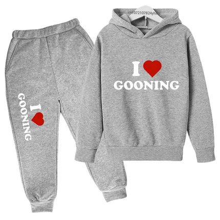Funny I Love Gooning Kids Spring Autumn Casual Letter Print 2pcs Hoodie+Pants Tracksuits 2-13 Years Boys Girls Outfits Clothes