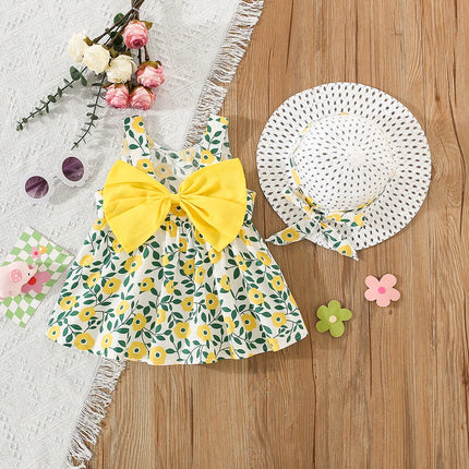 2 Pcs Girls' Summer New Dress Round Neck Cute Back Big Bow Cotton Skirt Comes with Hat for Children's Clothing