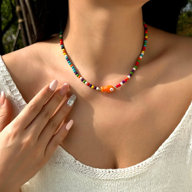 Cute Colorful Ceramic Fish Beaded Necklace For Women Unisex Creative Handmade Rice Beads Choker Beach Party Jewelry Gifts