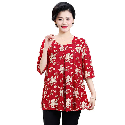 Round Necked Pleated Blouse Summer Loose T-shirt 2024 New Plus Size Shirt Flower Pattern Short Sleeved Women's Clothing