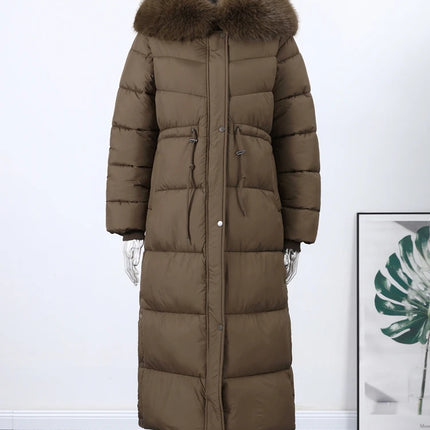 Women's Winter Long Down Jacket With Hood Drawstring Waist Fur Collar Zipper Quilted Padded Jackets 2026 Warm Parka Outwear
