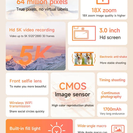 5K Professional Digital Camera Wide Angle Digital Zoom 64MP Camcorder Photography 3 Inch Screen Vlog Video Recorder WIFI Webcam