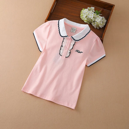 Girls Summer Polo Shirt 2023 Short Sleeve Peter Pan Collar Cute Casual T-Shirt Childrens Cotton Clothing