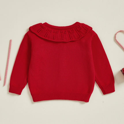 Toddler Girl Christmas Knit Sweater Cardigan Long Sleeve Ruffled Round Neck Button Down Candy Cane Embroidery Sweater