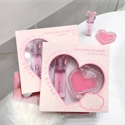 Pink Heart Lip Care Set Moisturizing Reduce Dry Wrinkles Transparent Tint Mirror DUDU Lip Oil Lip Mask Girl Lipstick Makeup Base