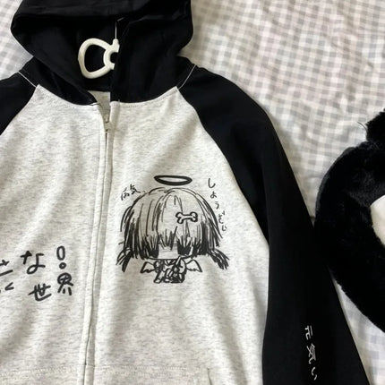 Zip Up Hoodie Cartoon Japanese Grunge Sweatshirt Women Clothing Streetwear Anime Print Jackets Y2k Tops Casual Loose Outerwear