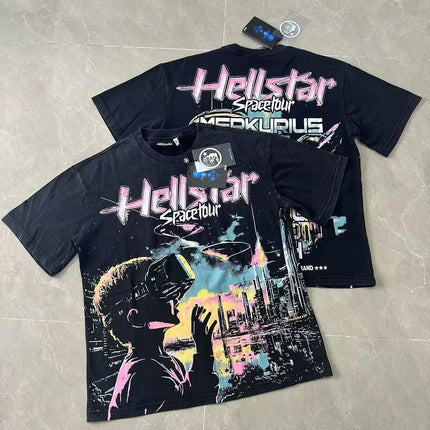 Retro Washed Loose Ex-Ort Sweet T-shirt Hell Star Skull Letter Print High Street Short Sleeve Summer Top for Men and Women