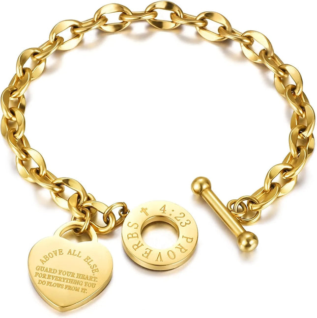 Love Pendant Link Chain OT Clasp Birthday Heart Jewelry Gift Bracelet for Women Bible Verse Bracelet Silver Gold Bracelet