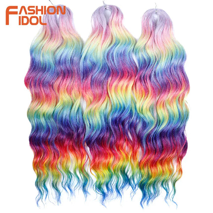 FASHION IDOL 24" 3pcs Deep Wave Curl Hair Synthetic Water Wave Braiding Hair Extensions Ombre Rainbow color Twist Crochet Hair