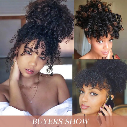 Afro Puff Drawstring Ponytail with Bangs Pineapple Updo Hair for Black Women Short Kinky Curly Ponytail Bun For Women Girls