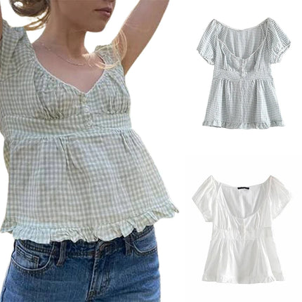 Y2K Aesthetic Fairy Vintage T-shirt Kawaii Grunge Lace Crop Top Square Collar Short Sleeve Sweet Girl Milkmaid Tee Women Clothes