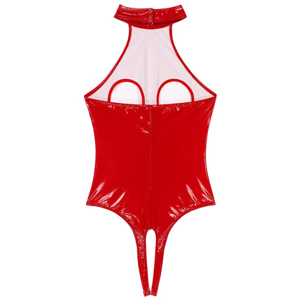 Womens Latex Lingerie Cutout Patent Leather Bodysuit Halter Neck Backless Crotchless Open Cup Teddies Leotard Erotic Clubwear