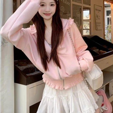2026 Y2k Aesthetic Pink Ruffled Hoodies Women Casual Loose Harajuku Zipper Sweatshirt Spring Sweet Cute Grunge Hoody Jackets