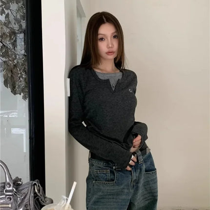 2024 Autumn Winter Long Sleeves Korean Fashion Style O-neck T-shirt for Women Fake Two-Piece T-shirts Ladies Top Tee Clothes