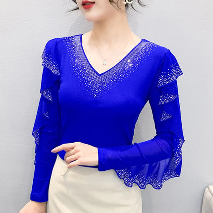 2025 Autumn New Style Mesh Tops Korean Fashion Round Neck Ruffles Shirt Lotus Leaf Edge Hot Diamond Long Sleeve Women T-Shirt