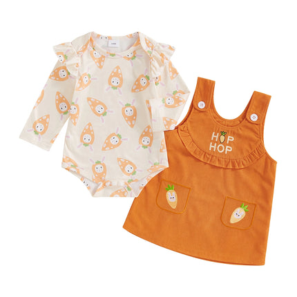 Baby Girl Easter Outfit Bunny Bow Long Sleeve Romper with Overall Dress 2 Pcs Spring Set