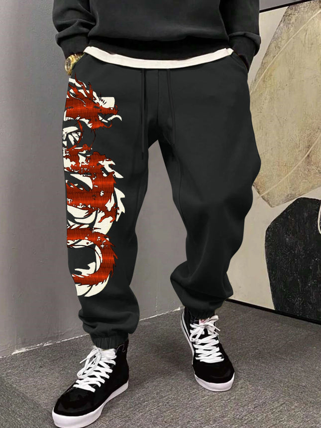 Men's Streetwear Vintage Red Oriental Dragon Print Sweatpants Elastic Waist Soft Fabric Chinese Hip Hop Daily Joggers