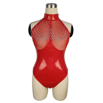Sexy Faux Leather Catsuit PVC Latex Bodysuit Hollow out Bust Open Crotch Clubwear hot erotic Pole Dance Lingerie wetlook