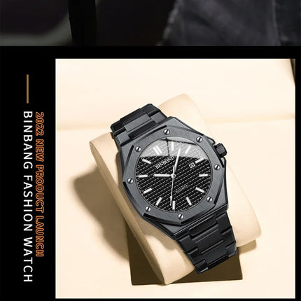 BINBOND Men's Watch Top Brand Royal Casual Men Big Dial Silver Stainless Steel Calendar Quartz Wristwatch Classic Luminous B0233