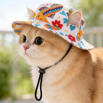 SU Summer Pet Cat Sun Hat With Ear Holes - Cute Kitten Fisherman Cap For UV Protection Breathable Outdoor Sunshade Cap For Cats