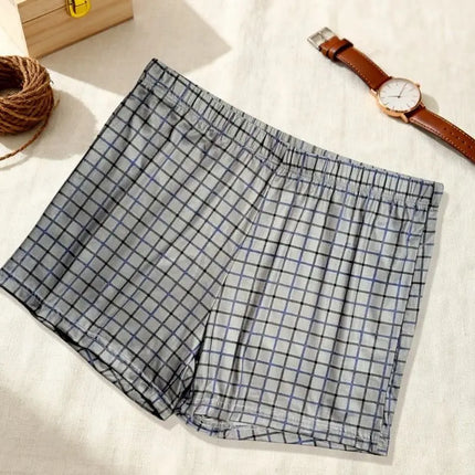 Men's Plus Size Milk Silk Plaid Aro Pants Loose High Waist Underwear Summer Thin Breathable Home Shorts Soft Pouch Underpants