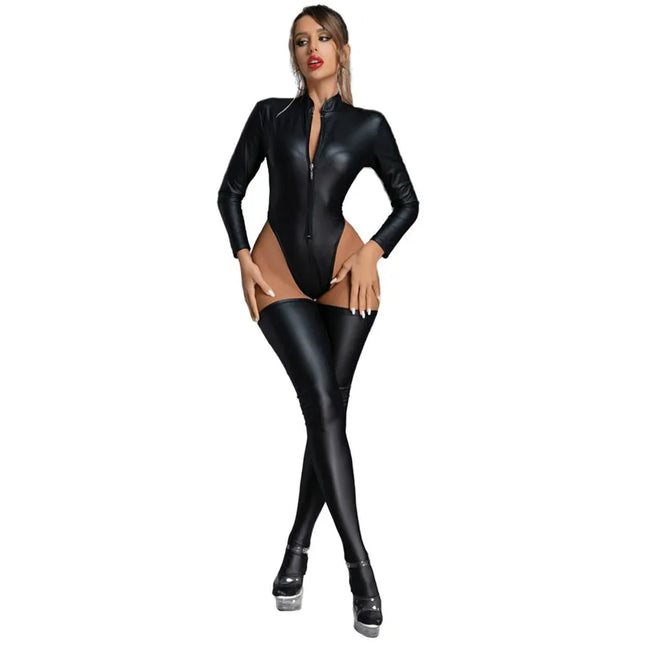 Women's Long Sleeve PU Faux Leather Latex Bodysuit + Stockings Sexy High Cut Lingerie Sexy Catsuit One-Piece Thong Stage Wear