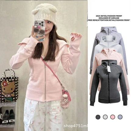 2025 New Women's Slim Fit Hoodie Zipper Cardigan Coat Comfortable Casual Korean Style Polyester Cotton Blend Long Sleeve