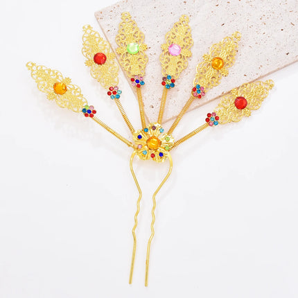 New Golden Alloy Leaf Crystal Flower Hairpin Hair Accessories for Women Thailand Ethnic Dance Party Decoration Headwear Jewelry