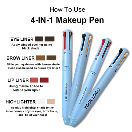 4 in 1 Long-lasting Vegan Makeup Pen Face Eye Makeup Beauty Pencil Eyebrow Eyeliner Lip Liner Highlighter Pen