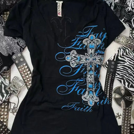 Rock Gothic Streetwear Letter Cross Graphic T-shirts Gyaru 2000s Clothes Harajuku Top Women V-neck Tees Sweet Y2k Vintage T-shirt