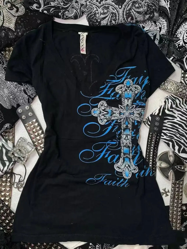 Rock Gothic Streetwear Letter Cross Graphic T-shirts Gyaru 2000s Clothes Harajuku Top Women V-neck Tees Sweet Y2k Vintage T-shirt