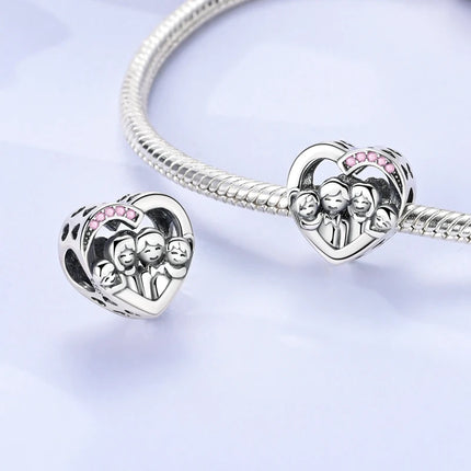 Charm Bead 925 Sterling Silver Heart Starry Sky Family Mother-Daughter-Sister Charm Fit Bracelets Pendant Women DIY Jewelry Gift