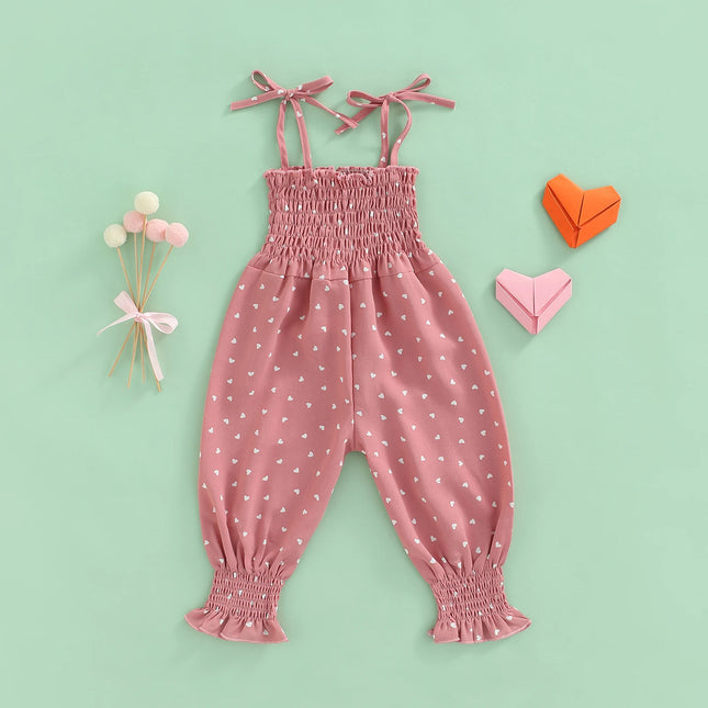Toddler Baby Girl Sling Jumpsuit, Heart/Leopard Printed Pleated Tie-Up Simple Style Overalls, Casual Sweet Romper 6M-4T