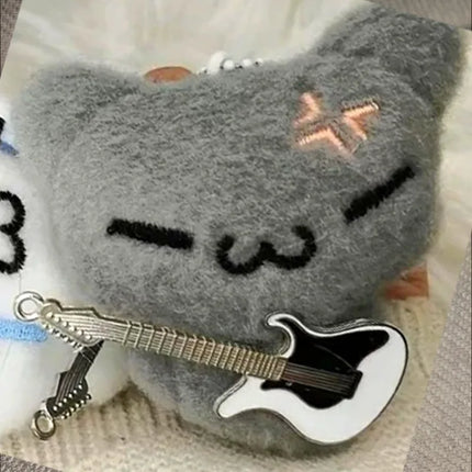 2pcs Cute Guitar Ghost Cat Couple Keychain Mini Crying Cat Doll Plush Keyring