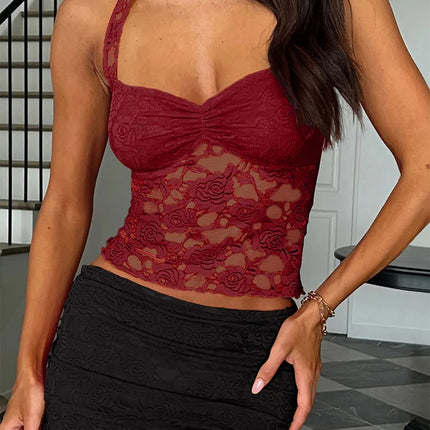 Spring/Summer 2025 New Arrival Women's Y2K Style Sleeveless Lace-Trimmed Fitted T-Shirt Lace-Tie Plain-Colour Tank Top