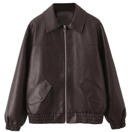 Ailegogo Streetwear Women Retro Loose Short Pu Faux Leather Jacket Spring Autumn Female Zipper Coat Vintage Moto Biker Outwear