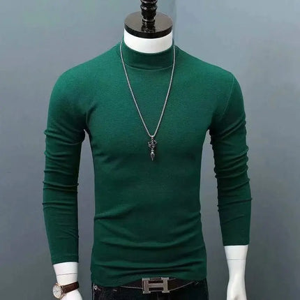 2026 Spring New Men's Turtleneck T-shirt Long Sleeve Slim Fit Solid Color High Elastic Bottoming Pullovers Basic Style Male Tops