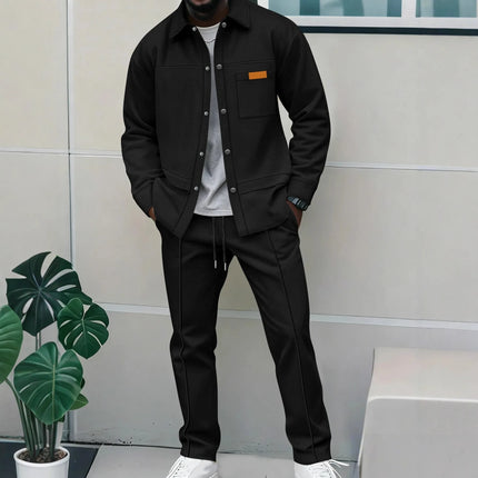 2025 Men's New Style Waffle Plain Color Collar Button-Down Pockets Long-Sleeved Pants Casual Jacket Set