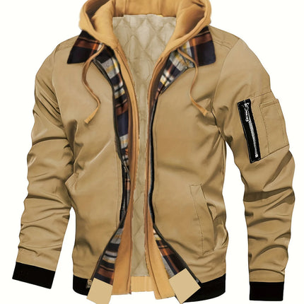 Spring Autumn Men's Hooded jacket, Fake 2-piece Design, Checkered Lining, Multiple Pockets, Warm and Casual, Suitable For Flying