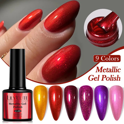 7ml Metallic Gel Nail Polish Red Chrome Effect Soak Off Varnish Semi-Permanent Nails Art Manicure Base Top Coat and Magnetic