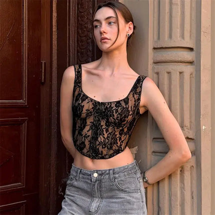 Women's Lace Corset Top Sexy Square Neck Sleeveless Slim Fit Mini Vest 2026 Spring Summer Female Casual Daily Party Fashion Tops