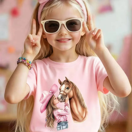 Girl Clothes Cow Girl Riding Horse 3D Print T-Shirt Western Festival Casual Top Summer Short Sleeve Outdoor Children's Clothing