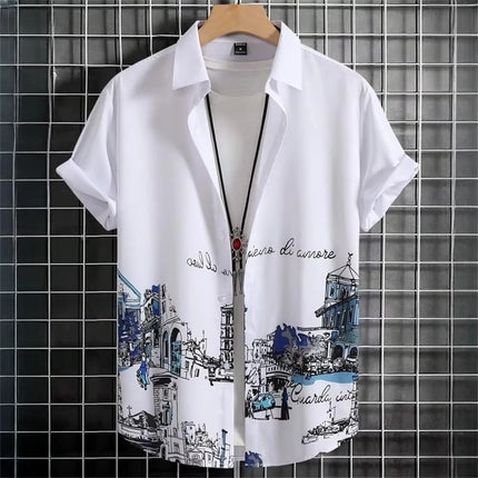 2026 Summer Men's Short-Sleeve Shirt with Asymmetrical Print Hawaiian-Style Collar Plus Size Casual Men's Wear
