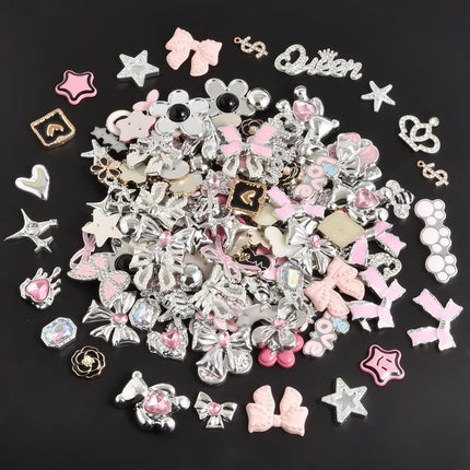 10/20/30/50pcs Random Mix Silver Color Heart Bow Star Charms For Junk Cases Flower Pink Girl Pendant DIY Hairpin Phone Case Bulk