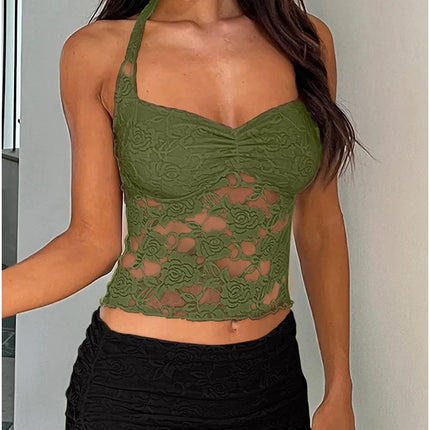 Spring/Summer 2025 New Arrival Women's Y2K Style Sleeveless Lace-Trimmed Fitted T-Shirt Lace-Tie Plain-Colour Tank Top