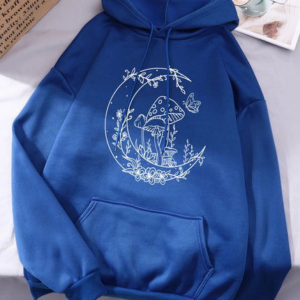 Mushroom Butterfly Moon Flower Prints Women Hoodies Autumn Pocket Streetwear Loose Casual Pullover Comfortable Fleece Hoody
