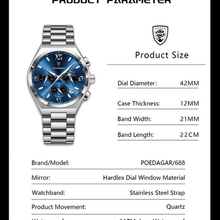 POEDAGAR Fashion Functional Men's Wristwatch Luminous Week Date Business Watch For Men Stainless Steel Sports Men's Quartz Watches