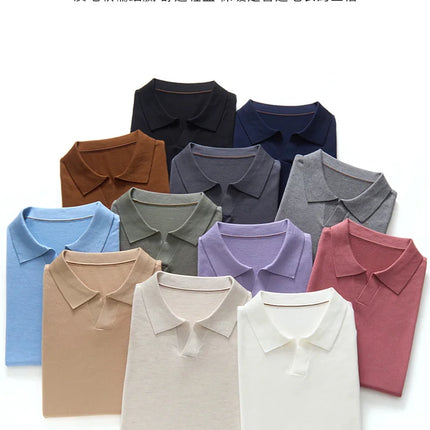 100% Lyocell men's T-shirt casual solid color knitted pullover short sleeved loose POLO collar Tees Pull on vest Tops