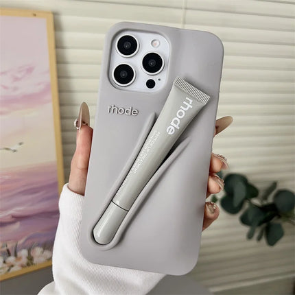 For iPhone 17 Pro Max Air 15 14 13 12 11 17 ProMax Plus Phone Case Gray Toast Ribbon Espresso Holder Silicone Lipstick Cover