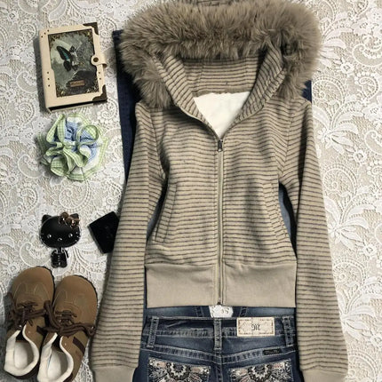 Punk Coat Y2k 2000s Vintage Faux Fur Collar Hoodie Zip-Up Woman Sweatshirts Goth Stripe Hot Girl Coat Winter Jackets Hip Hop Emo